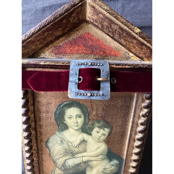 vintage SAINT LAURENT velvet calfskin leather BELT metal jeweled buckle glam s 2 - Picture 15 of 16